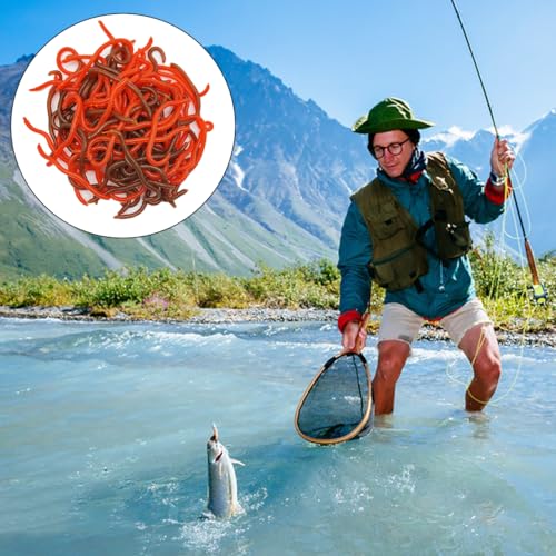 100 Pcs 3.3inch Soft Worms Fishing Lure Baits, Earthworm Baits Lifelike Fake Bloodworm,Fresh Water Fishing Bait - color: Red+Brown