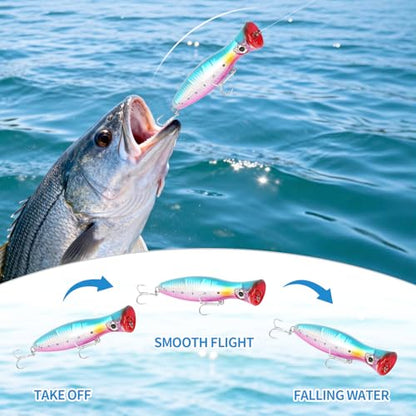 Large Top Water Popper Lure: 2pcs 3D Eyes Tuna Popper Saltwater Fishing Lures for Surf Fishing Gt Tuna Kingfish Large Predator Fish - color: Pink Purple