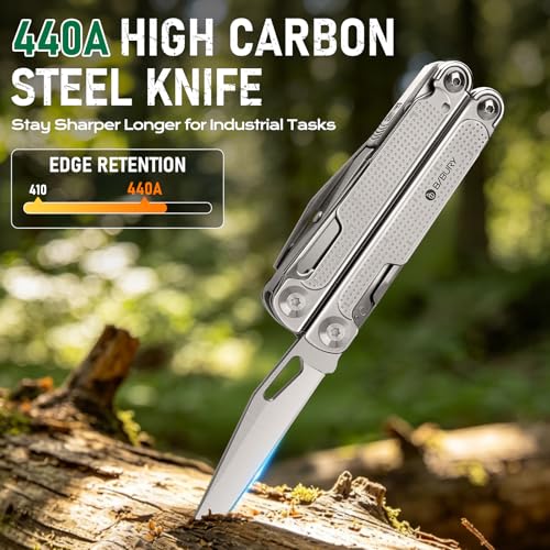 BIBURY Multitool Pliers Pro BI2049, EDC Multi Tool with 90HRA Replaceable YG12 Tungsten Wire Cutters, 440A Knife, T-Shank Wood Saw & Scissors, EDC Gear for Camping Hiking, Fathers Day Gift for Men - color: Silvery