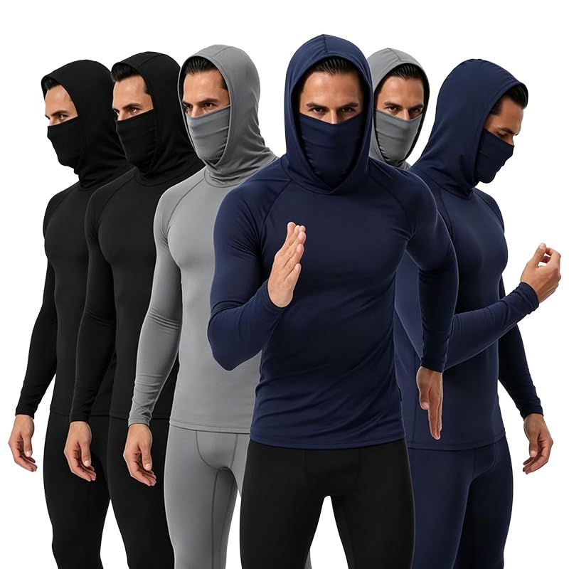 3/6 Pack Mens Sun Protection Fishing Hoodie with Face Mask UPF 50+ Long Sleeve Compression Work Shirt Construction Quick Dry - color: 6 Pack【loose Fit】, size: Small