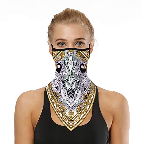 YAYOUREL Neck Gaiter Face Mask Bandanas for Men Women UV Face Scarf Cover Ear Loop Hole Facemask for Fishing Running Cycling - color: Gold White Purple