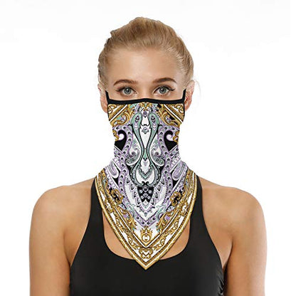 YAYOUREL Neck Gaiter Face Mask Bandanas for Men Women UV Face Scarf Cover Ear Loop Hole Facemask for Fishing Running Cycling - color: Gold White Purple