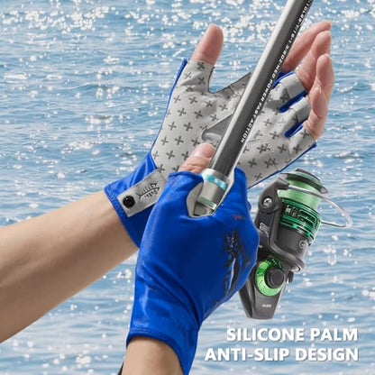 BASSDASH Unisex UPF 50+ Half Finger Sun Gloves Fingerless Breathable UV Protection for Fishing Hiking Kayaking Rowing FG02 - color: Blue Camo/Catfish, size: Medium