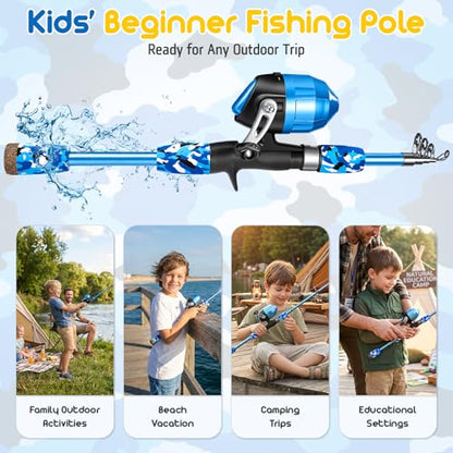 PLUSINNO Kids Fishing Pole, Telescopic Fishing Rod and Reel Combo, Fishing Gear Kit with Backpack, Tackle Box, Spincast Reel, Youth Toddler Fishing Poles for Boys Girls Age 3-5 5-10 - size: 3.93 ft
