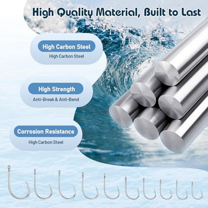 500PCS Barbed Fishing Hooks, 10 Sizes High Carbon Steel Fish Hooks, High Strength & Sharp Point with Plastic Storage Box, Suitable for Freshwater & Saltwater