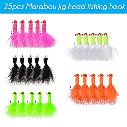 Fishing Jig Heads Crappie Jigs, 25pcs Marabou Jigs Lures Round Ball Head Jig Hooks Hair Jig Feather Fishing Lures for Bass Sunfish Trout Walleye Panfish 1/8oz 1/16oz 1/32oz - size: 3 Sizes Mixed-25pcs