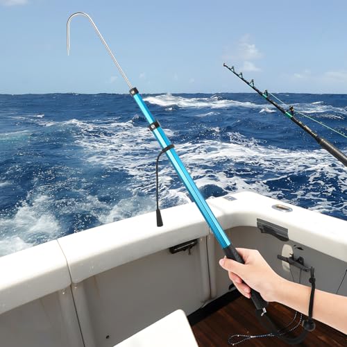 SANLIKE Telescopic Fishing Gaff, Aluminum Pole, Stainless Steel M8 Hook | Ultralight 4.62oz aluminum telescopic gaff (11.4"-24") with nonslip rubber handle, sharp stainless hook & safety lanyard - color: Blue, size: M-Extended 34.84"