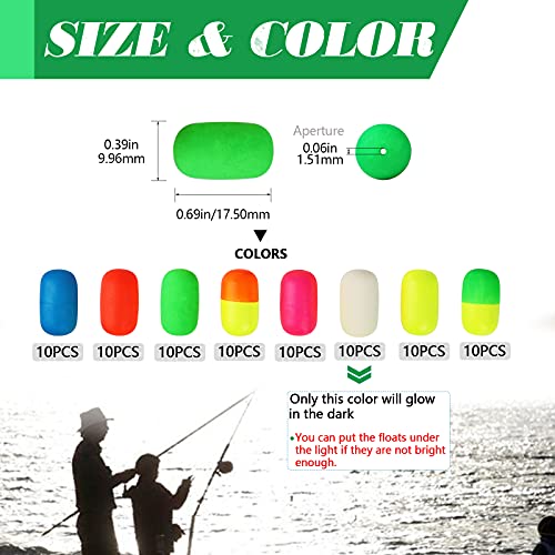 Dovesun 220/104/80/60/54/52/42pcs Pompano Rig Floats for Surf Fishing Foam Bobbers for Fishing Fly Fishing Bobbers Floats Bright Color Kit/Round/Cylindrical/Heart/Bullet/Pill/Spin Shape - color: Cylindrical-80pcs