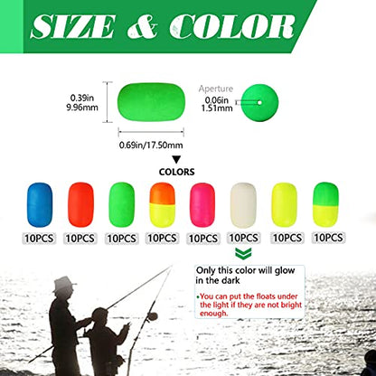 Dovesun 220/104/80/60/54/52/42pcs Pompano Rig Floats for Surf Fishing Foam Bobbers for Fishing Fly Fishing Bobbers Floats Bright Color Kit/Round/Cylindrical/Heart/Bullet/Pill/Spin Shape - color: Cylindrical-80pcs