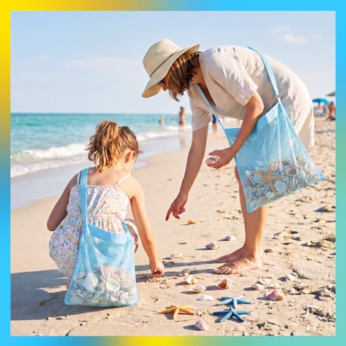 VioraWhite 2 Pcs Extra Large 14 x 16inch Clam Mesh Chum Beach Bags for Seashells Clams Treasures Sand Away Foldable Shell Collection Bags with Adjustable Straps (Blue) - color: Blue