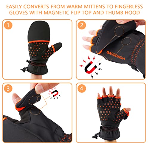 BASSDASH WinteFlex Insulated Ice Fishing Mittens Cold Weather Fingerless Gloves Water Resistant for Men Women Hunting - color: Black, size: XX-Large