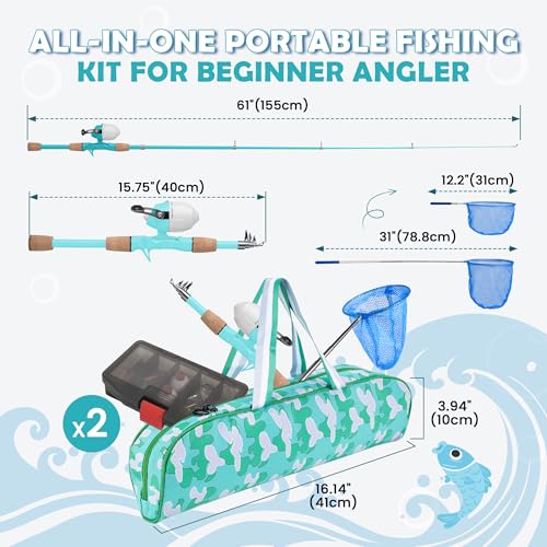 Kids Fishing Pole, Portable Telescopic Kids Fishing Poles for Boys Girls Youth, Fishing Rod and Reel Combo - color: Turquoise+Mint Blue