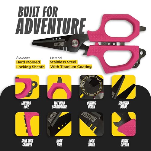 Beyond Fishing 6.5" Pro Fishing Shears Dual Serrated Blades, Fishing Braided Line Scissors with Titanium Coating, Non-Slip Grip & Multifunction Tool, Includes Hard Molded Locking Sheath - color: Pro - Pink