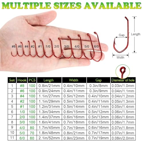 LUCKYFISHING Baitholder Fishing Hooks Saltwater Freshwater 100/80/70/60pcs Professional V Bait Holder Hooks for Bass Trout Crappie Soft Live Baits Black Red with Size 1 2 4 6 8 1/0-6/0 - color: Red, size: 1/0-100pcs