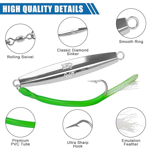 Saltwater Fishing Lures Diamond Jigs,3PCS Flat Metal Casting Jigging Spoon Baits with Teasers J Hooks for Surf Fishing Bluefish Striper Tuna Salmon Freshwater - color: Green, size: 3oz - 3pcs