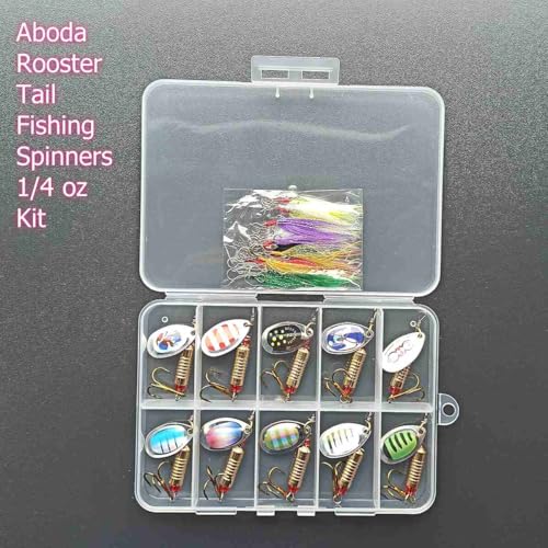 Aboda Rooster Tail Fishing Lures Kit, 10 Spinnerbaits w 16 Attachable Rooster Tails in 8 Colors, Fishing Lures for Bass Salmon Trout and Crappie - size: 1/4 oz Set