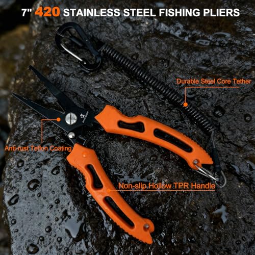 BasicGear Multi-Functional Fishing Pliers - 7" 420 Stainless Steel Head with Teflon Coating, Built-in Spring & Lock, Non-Slip Rubber Grip - color: 420 Stainless Steel