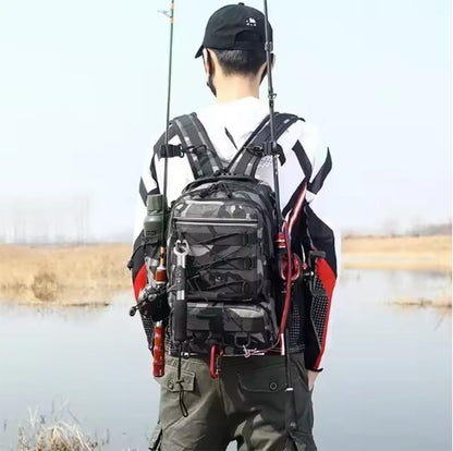 Fishing Backpack with Rod Holders Water-Resistant Fishing Tackle Bag Store Lure Organizer Storage Bagpack Camouflage Bag (grey) - color: Grey