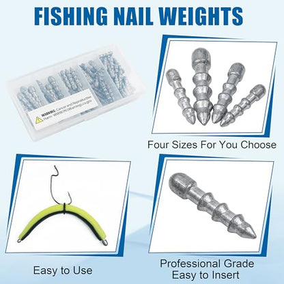 Fishing Nail Weights Kit, 53pcs Wacky Worm Weights Insert Sinkers for Bass Fishing Soft Plastic Lures Neko Rig Wacky Rig Weights Insert Pencil Nail Sinkers 4 Sizes