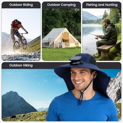 Solar Fan Hat Wide Fishing Hat Breathable Neck Flap Bucket Hats Outdoor Sun Hats for Men Women with USB Charging - color: Navy Blue