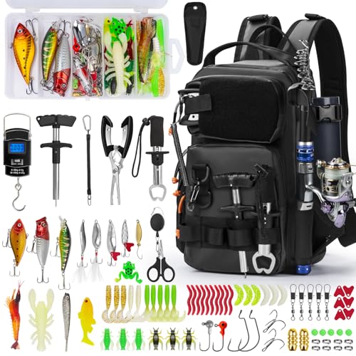 THKFISH Fishing Backpack with Rod Holder, Fishing Tool Kit, Water-Resistant Bag With Fishing Lures Kit, Fishing Tackle Box and Pliers Set for Men Women (Black-87pcs) - color: Black-87pcs