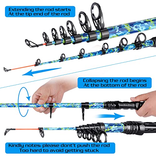 Sougayilang Telescopic Fishing Rod and Reel Combo – Full Kit with Carrier Bag, 11+1 Bearings Spinning Reel, Carbon Fiber Travel Pole for Bass, Trout, Catfish, Redfish – Saltwater Freshwater - color: Blue Full Kit with Carrier Case, size: 5.9 ft