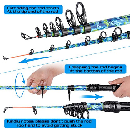 Sougayilang Telescopic Fishing Rod and Reel Combo – Full Kit with Carrier Bag, 11+1 Bearings Spinning Reel, Carbon Fiber Travel Pole for Bass, Trout, Catfish, Redfish – Saltwater Freshwater - color: Blue Full Kit with Carrier Case, size: 6.9 ft