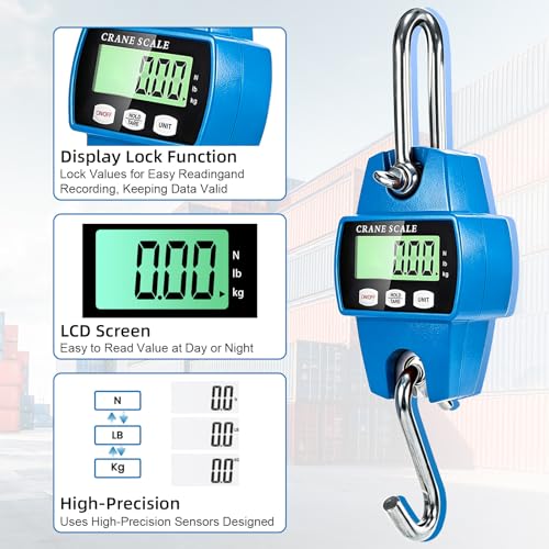 Digital Hanging Scale, 1100lb/500kg Crane Scale, Small Crane Scale with LCD Display and Hooks, Aluminum Alloy Body for Hunting, Outdoor, Fishing, Farm (Blue) - color: Blue-1100lb