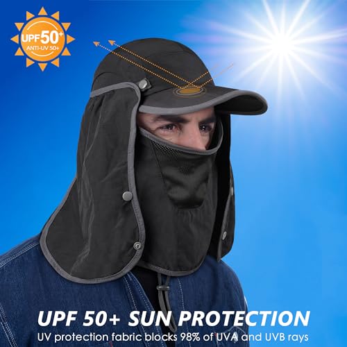 GADIEMKENSD UPF 50+ Folding Fishing Hat 360 Outdoor Sun Hat - color: Black