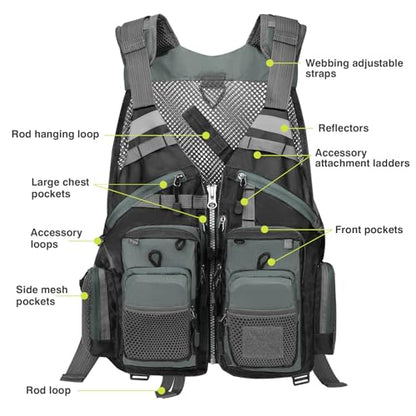 Gonex Fly Fishing Vest for Men Women, Comfortable Adjustable Fishing Vest with Multi-Pockets Reflective Stripes - color: Gray+black