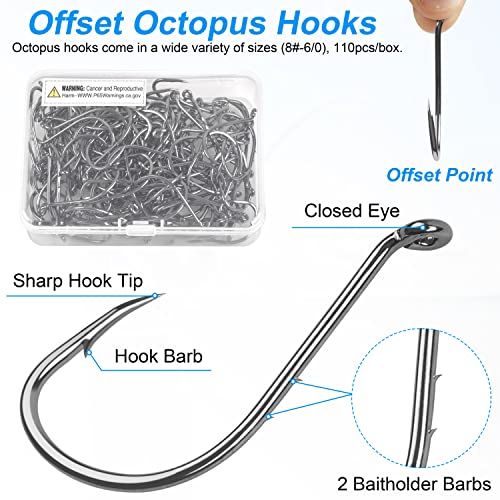 Octopus Fishing Hooks,110Pcs Baitholder Fishing Hooks Barbed Fishing Jig Hooks High Carbon Steel Bait Keep Hooks Offset Circle Octopus Hooks for Saltwater Freshwater Size #8-6/0 - size: 8#-110 pcs