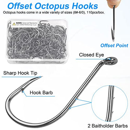 Octopus Fishing Hooks,110Pcs Baitholder Fishing Hooks Barbed Fishing Jig Hooks High Carbon Steel Bait Keep Hooks Offset Circle Octopus Hooks for Saltwater Freshwater Size #8-6/0 - size: 8#-110 pcs