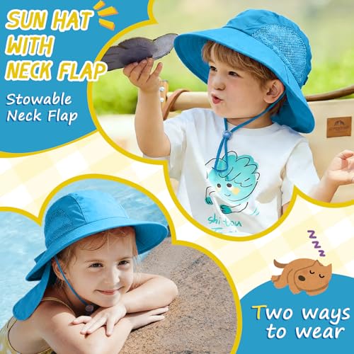 Outdoor Kids Sun Hats with Neck Flap Boys Girls Wide Brim UPF 50+ UV Protection Children Bucket Hat Safari Hat - color: 1pack-blue