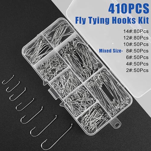 Fly Tying Hooks Assortment Kit, 410pcs Dry Fly Fishing Hooks Long Shank Eye Down Streamer Fly Hooks Dry Wet Flies Nymph Strimp & Pupa Streamer, Caddis Jig Fishing Hooks