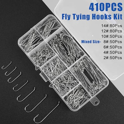 Fly Tying Hooks Assortment Kit, 410pcs Dry Fly Fishing Hooks Long Shank Eye Down Streamer Fly Hooks Dry Wet Flies Nymph Strimp & Pupa Streamer, Caddis Jig Fishing Hooks