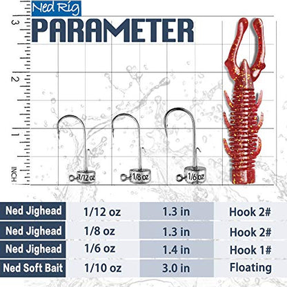 60/25 Pcs Ned Rig Jig Heads Soft Plastic Worms Stick Baits Kit, Mushroom Ned Rigs Jighead Hooks Worm Fishing Lures for Bass Freshwater Saltwater Fishing - color: 25 Pcs Ned Rig Lures