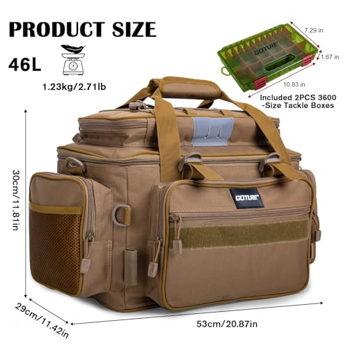 Goture Fishing Tackle Bag with 2pcs 3600 Tackle Boxes, 600D Water-Resistant Soft Side Saltwater Gear Storage Fishing Bag with Rod Straps, Detachable Water Bottle Pouch, Waterproof Bottom, SBS Zippers - color: C1:Khaki with 2 3600 Tackle Boxes, size: Large