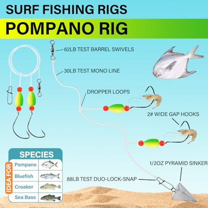 Alwonder 5-Pack Pompano Rigs Surf Fishing Rigs with Snell Floats, Saltwater Live Bait Rig Swivels Duo Lock Snaps Circle Wide Gap Kahle Hooks Rig for Beach Surf Casting Pier Jetty Fishing - color: Green & Yellow 5-Pack, size: #2 Wide Gap Hook