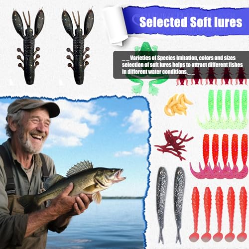 EXAURAFELIS Fishing Lures Tackle Kit, Mixed Hard & Soft Baits Metal Spoons Fishing Accessories for Bass Trout Pike Freshwater Saltwater Fishing - color: 84pcs
