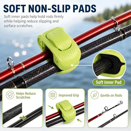 Fishing Rod Holder Clip with EPDM Non-Slip Strap, Portable Pole Tie and Wrap Organizer for Spinning, Casting and Telescopic Rods, Protective Rod Band for Travel and Storage