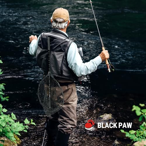 Black Paw Fish Landing Net with Soft Rubber Mesh Bag, Large Fishing Net with Built in Length Scale, Extend to 36-55 Inches