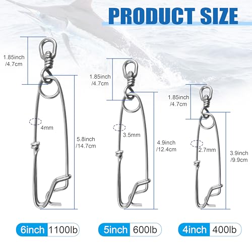 OROOTL 5pcs Longline Fishing Snap Clips, Stainless Steel Floatline Tuna Clips with Swivel Long Line Branch Hangers Snap Trotline Decoys Clips - size: 6inch(1100lb)-5pcs
