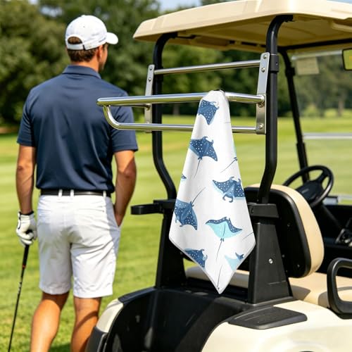 Fish White Pattern Magnetic Golf Towel for Golf Bags Microfiber Golf Accessories for Men Women with Carabiner Clip Attaches to Clubs and Carts, 17.7"x17.7"