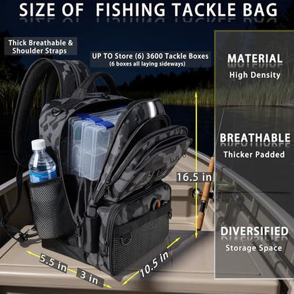 Fishing Backpack with Tackle Boxes and Rod Holder, 24L Fishing Sling Bag with Fishing Lures Kit, Fishing Gear Bag Gifts for Men Women - Black Camo Backpack - color: Black Camo Backpack