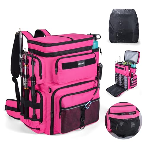 Goture Fishing Backpack with Cooler, 66L 600D Tackle Backpack with 3 Rod Holders, Helmet Holder, Rain Cover, Saltwater Large Fishing Bag for Camping Hiking, Gear Storage Bag, Gifts for Men - color: B1:pink(without Tackle Box)