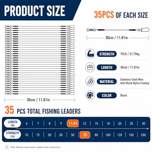 Stainless Steel Fishing Wire Leaders, Black Coated & Uncoated Options, Heavy Strength 31–100LB, 6–21in Multi Sizes with Rolling Swivels Snaps for Salt Fresh Water Shark Pike Barracuda - color: 35PCS-11.81in(70LB)