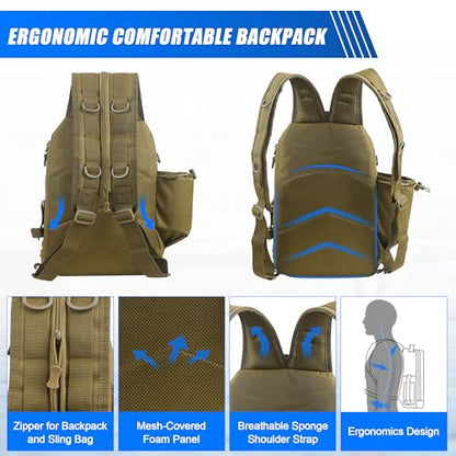 Fishing Backpack Sling Tackle Bag with Rod & Gear Holder Lightweight Outdoor Water-Resistant Shoulder Storage Bag Fishing Gift for Men Women