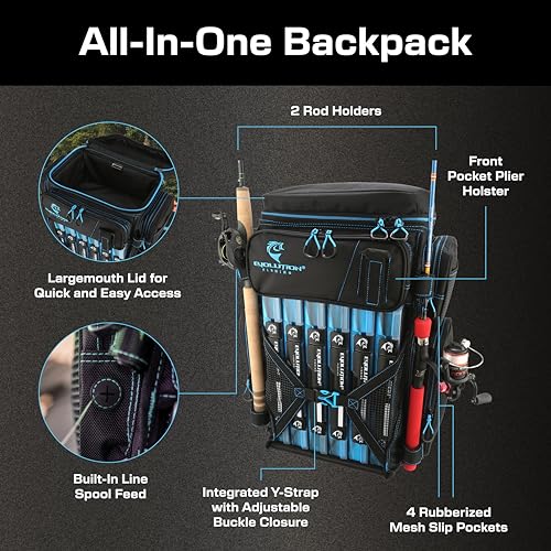 Evolution Fishing Drift Series Tackle Backpack, Outdoor Rucksack w/ 6 Fishing Tackle Trays, Heavy Duty - color: Blue, size: 3700