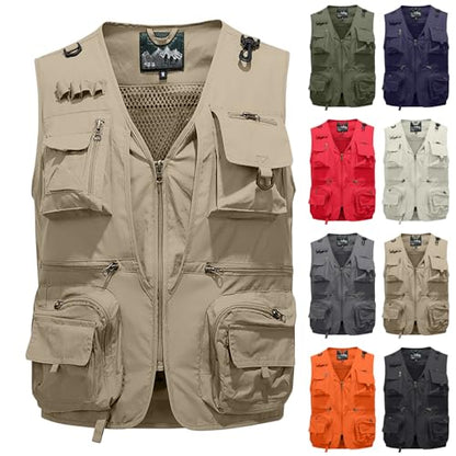 Men's Fishing Vest Casual Utility Lightweight Cargo Vest with Multi Pockets Outdoor Safari Photo Travel Jacket Vest - color: Y001- Khaki, size: Large