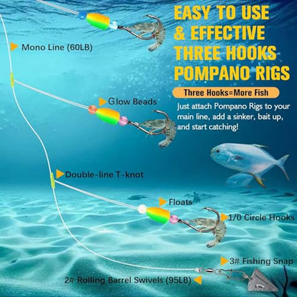 Dovesun 10PCS/4PCS Pompano Rigs for Surf Fishing Unique T-Knot Strong Pre-Rigged Surf Fishing Rigs with Three Circle Hooks Saltwater Pompano Floats - color: 4PCS